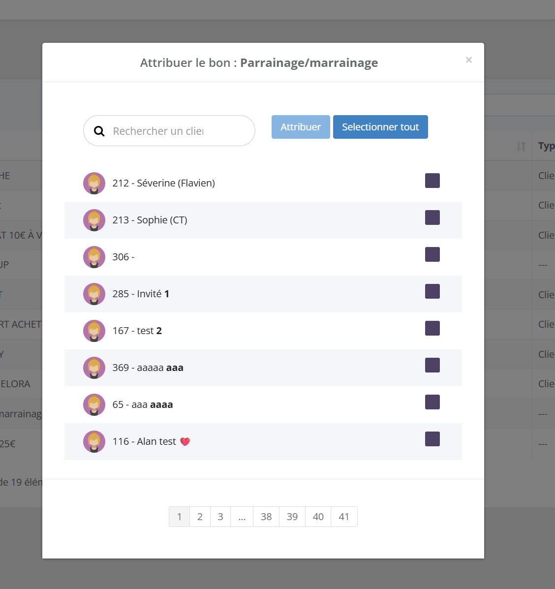Fenêtre Attribuer le bon : recherche de client, liste de clients avec cases à cocher, boutons Attribuer et Sélectionner tout