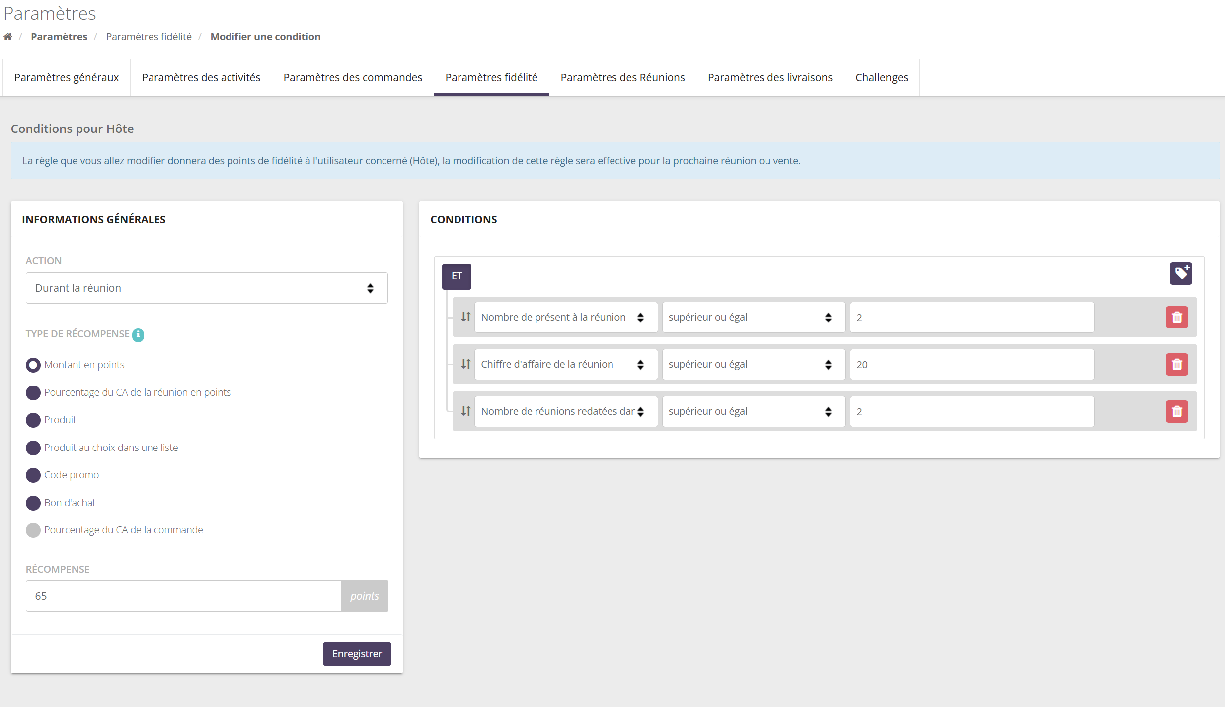 Écran Modifier une condition : action Durant la réunion, type de récompense Montant en points, récompense 65 points, conditions nombre de présents supérieur ou égal à 2, CA de la réunion supérieur ou égal à 20, nombre de réunions redatées supérieur ou égal à 2