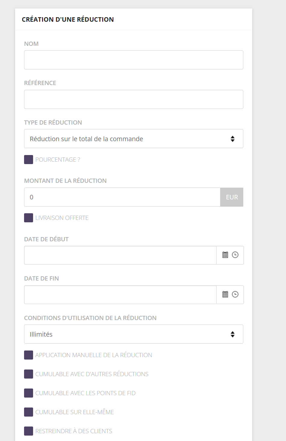 Formulaire de création d'une réduction, partie haute : nom, référence, type de réduction, pourcentage, montant, livraison offerte, dates, conditions d'utilisation et premières options