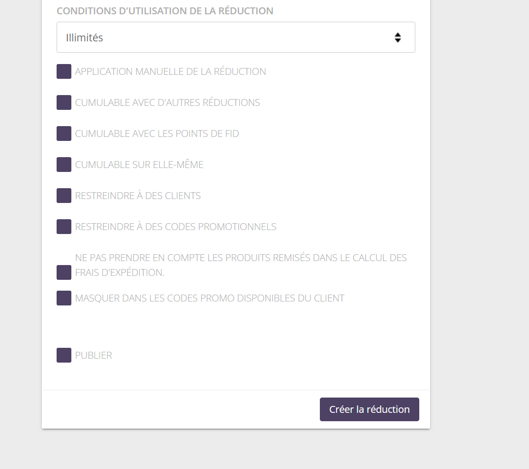 Formulaire de création d'une réduction, partie basse : options de cumul, restrictions, frais d'expédition, masquage, publication et bouton Créer la réduction